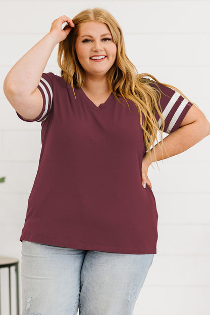 Plus Size Striped V-Neck Tee Shirt-Angel Casuals