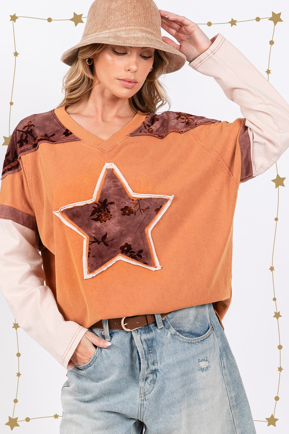 SAGE + FIG Star Patch Long Sleeve Color Block T-Shirt-Angel Casuals