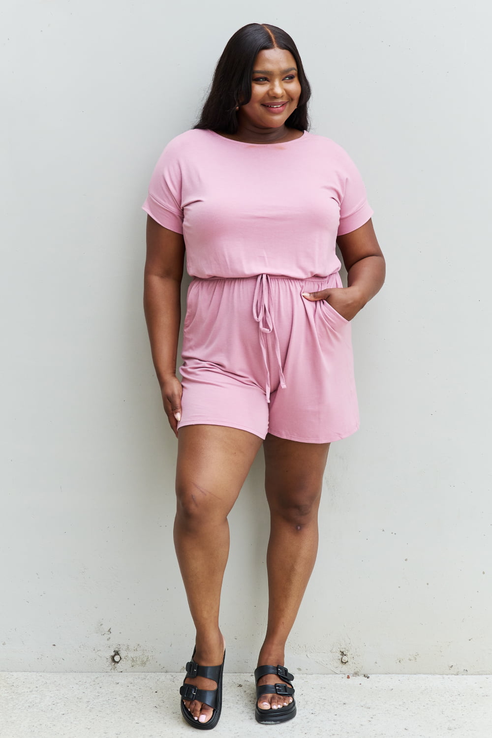 Zenana Chilled Out Full Size Short Sleeve Romper in Light Carnation Pink-Angel Casuals