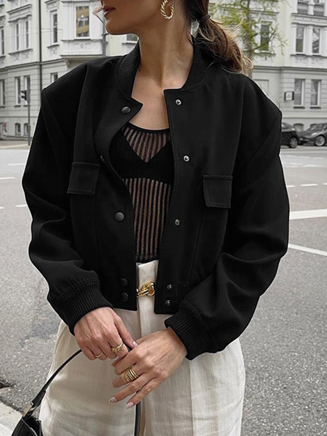 Pocketed Snap Down Baseball Collar Jacket-Angel Casuals