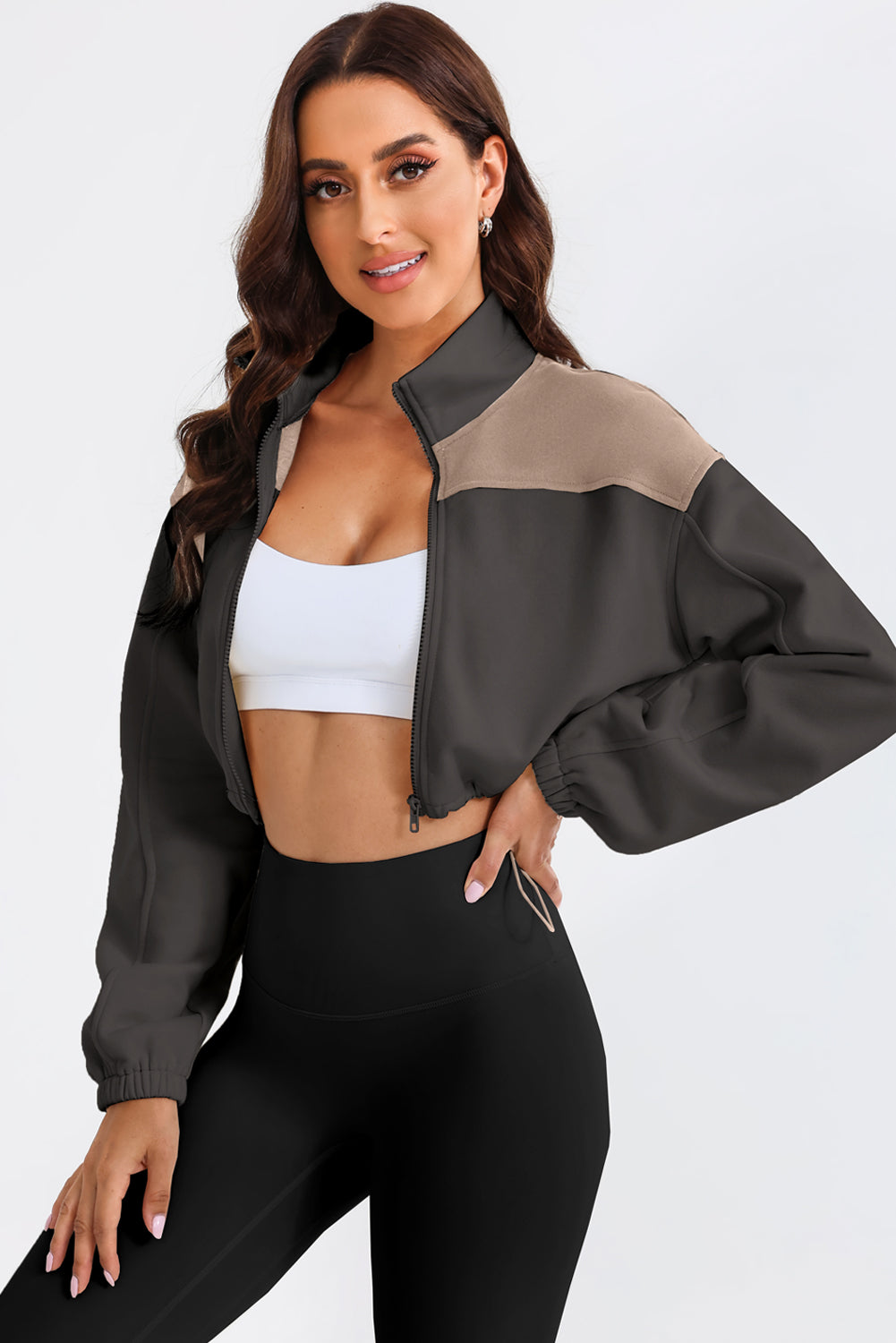 Contrast Drawstring Zip Up Jacket-Angel Casuals