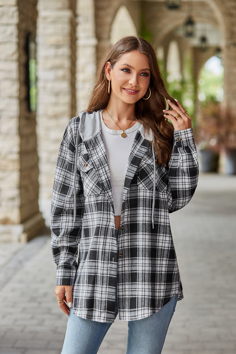 Mandy Plaid Long Sleeve Hooded Jacket-Angel Casuals