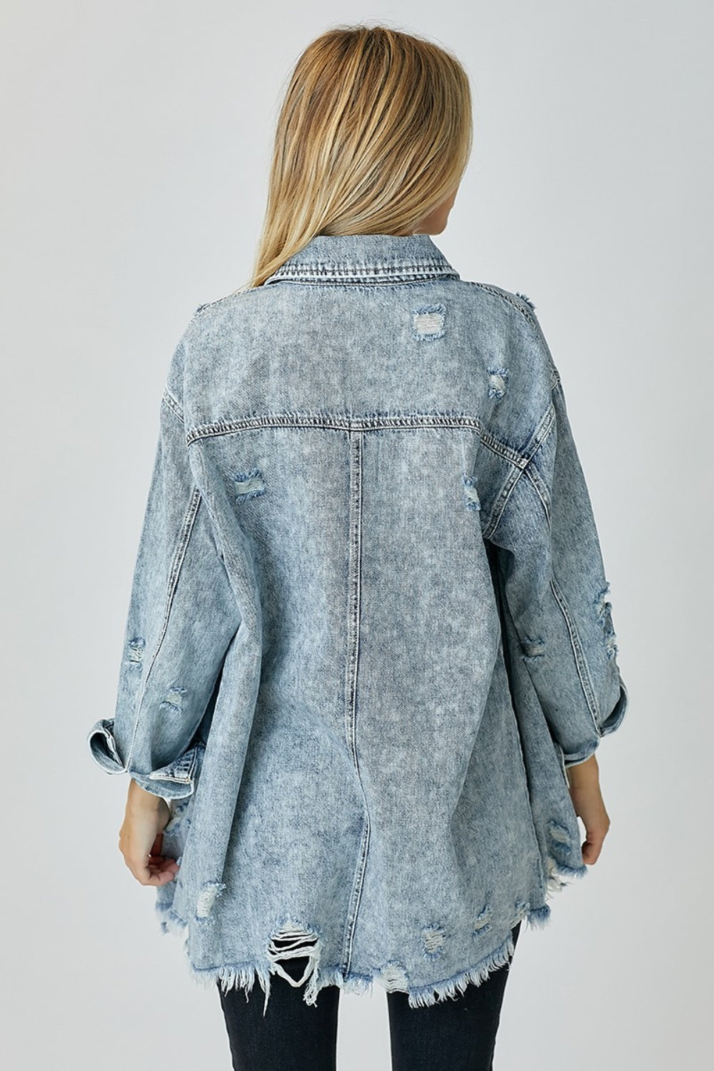 RISEN Distressed Raw Hem Denim Shirt-Angel Casuals