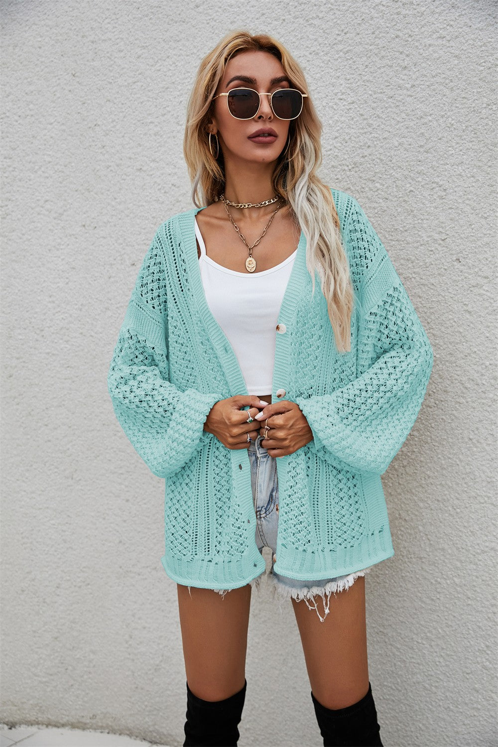 Openwork V-Neck Button Up Cardigan-Angel Casuals