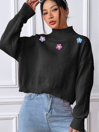 Flower Turtleneck Long Sleeve Sweater-Angel Casuals