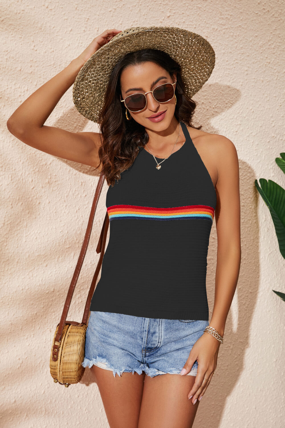 Rainbow Stripe Halter Neck Knit Tank-Angel Casuals