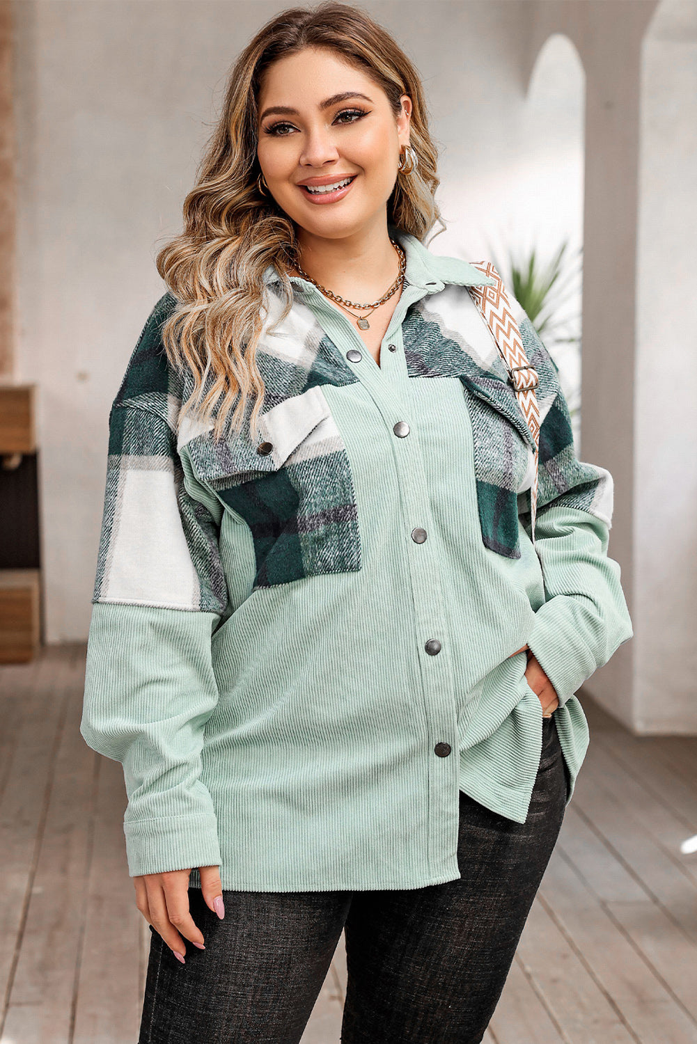 Plus Size Plaid Snap Down Jacket with Pockets-Angel Casuals