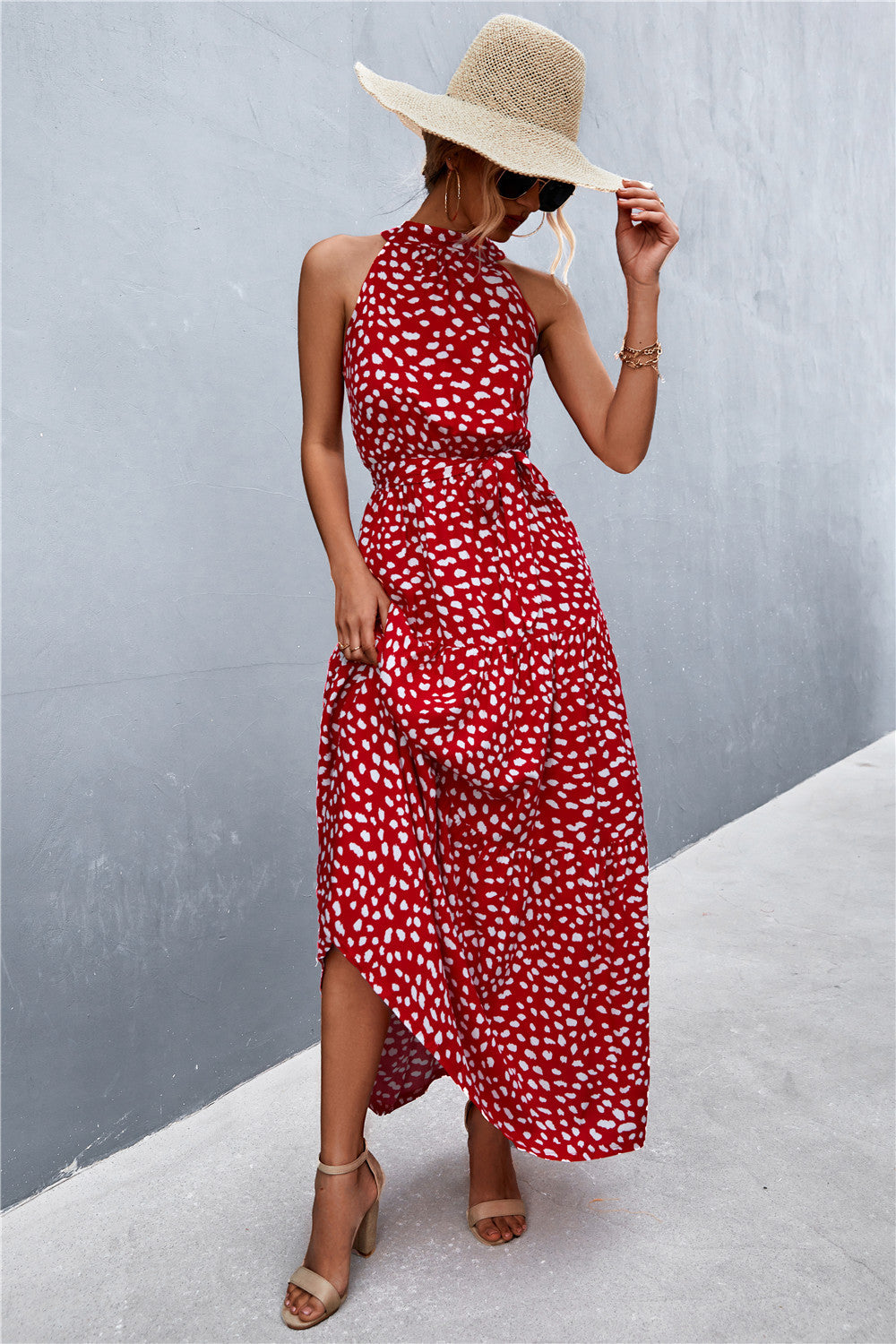 Printed Sleeveless Tie Waist Maxi Dress-Angel Casuals