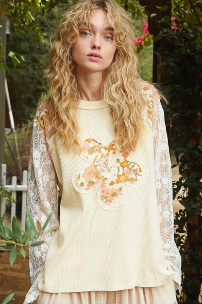 POL Flower Patch Lace Sleeve Knit Top-Angel Casuals