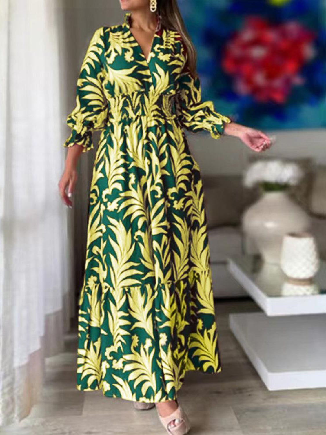 Printed Flounce Sleeve Maxi Dress-Angel Casuals