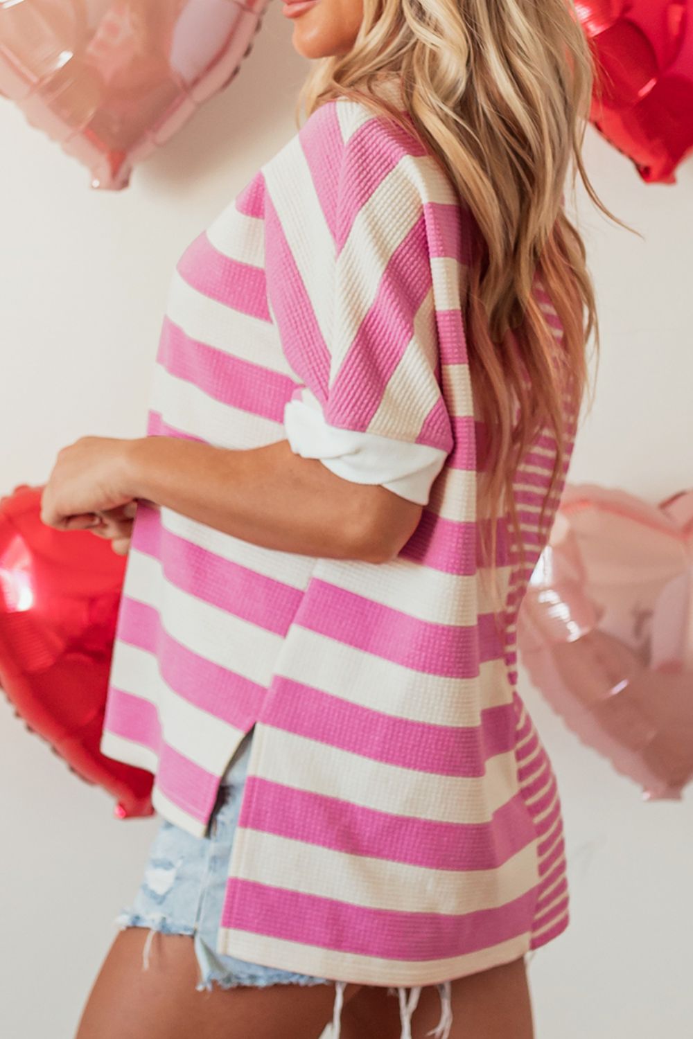 High-Low Striped Round Neck Short Sleeve T-Shirt-Angel Casuals
