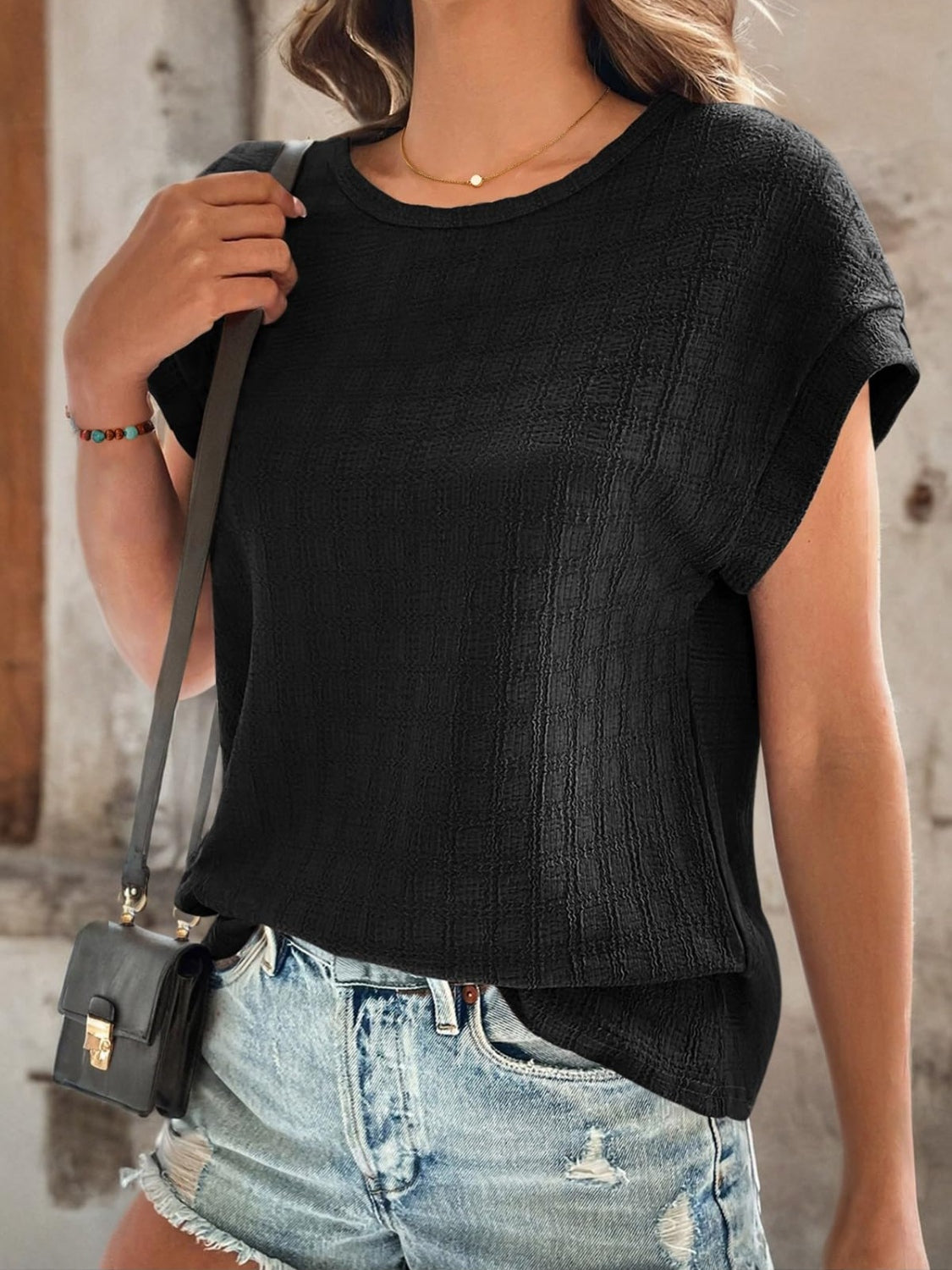 Textured Round Neck Short Sleeve Top-Angel Casuals