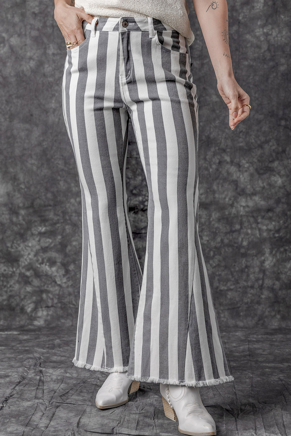 Raw Hem Star Applique Striped Jeans-Angel Casuals