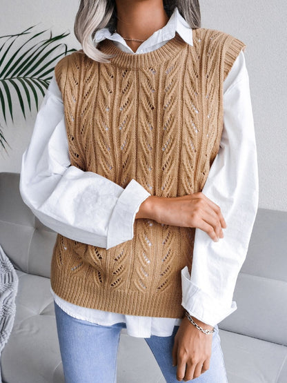 Round Neck Openwork Capped Sleeve Sweater Vest-Angel Casuals