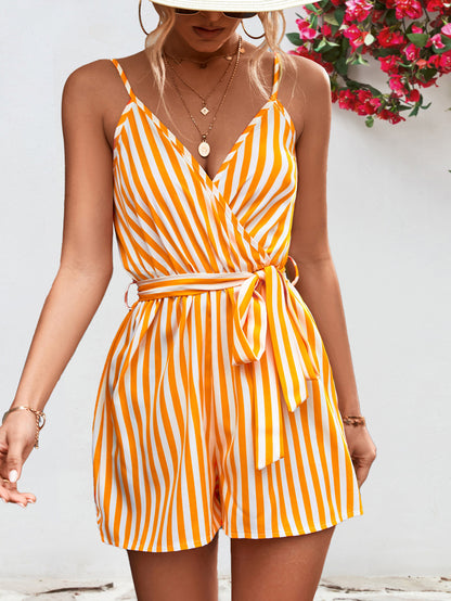 Striped Tie Waist Spaghetti Strap Romper-Angel Casuals