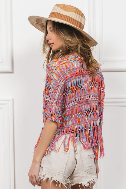 BiBi Open Front Fringed Crop Knit Cardigan-Angel Casuals