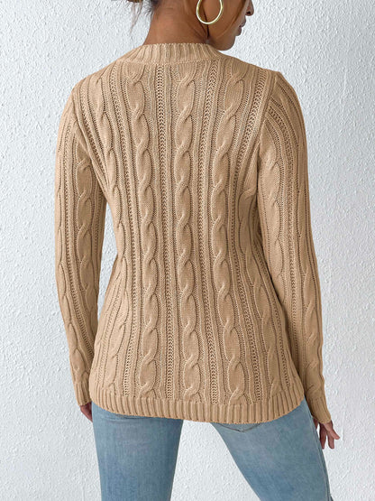 Cable-Knit Heart Round Neck Long Sleeve Sweater-Angel Casuals