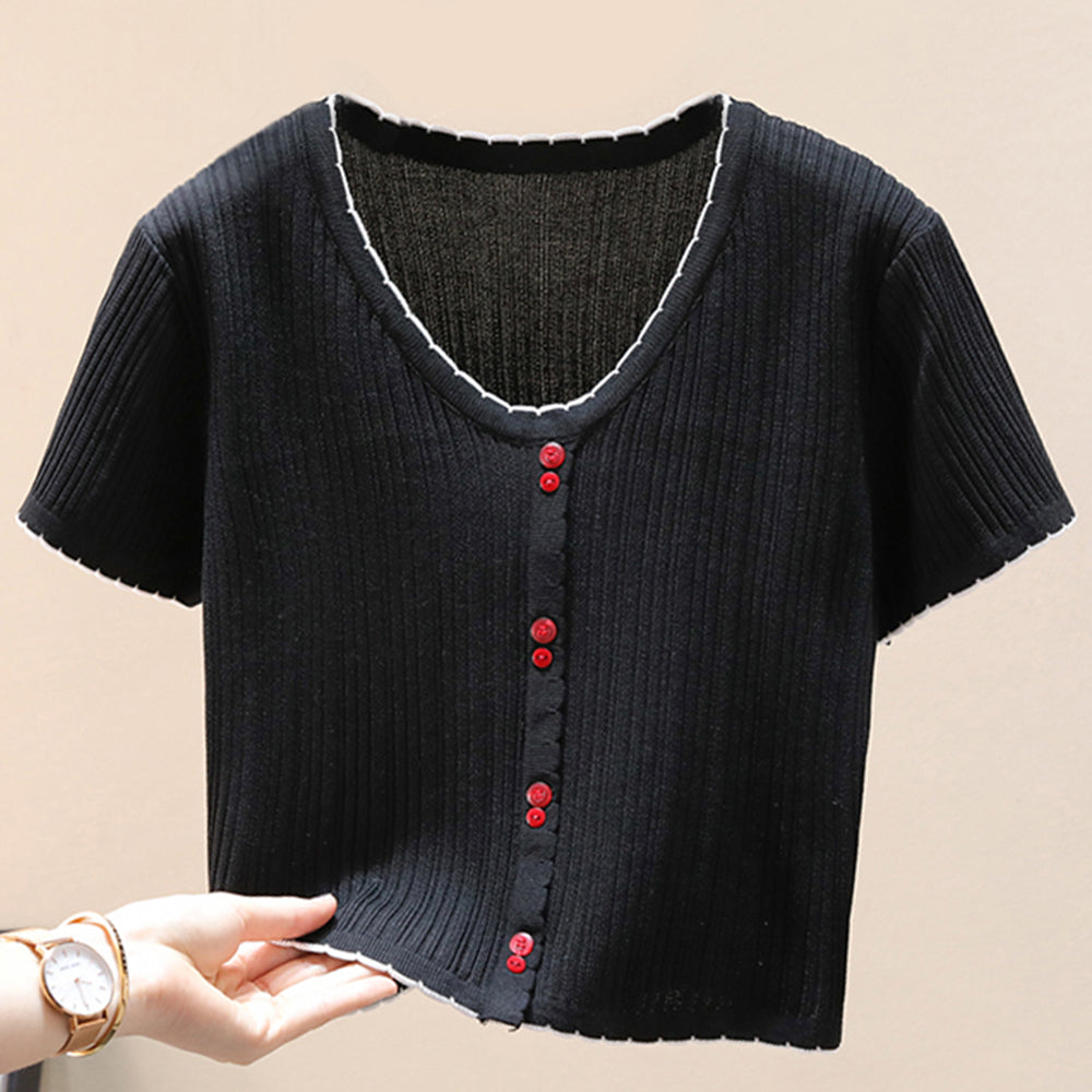 Contrast Decorative Button Short Sleeve Knit Top-Angel Casuals