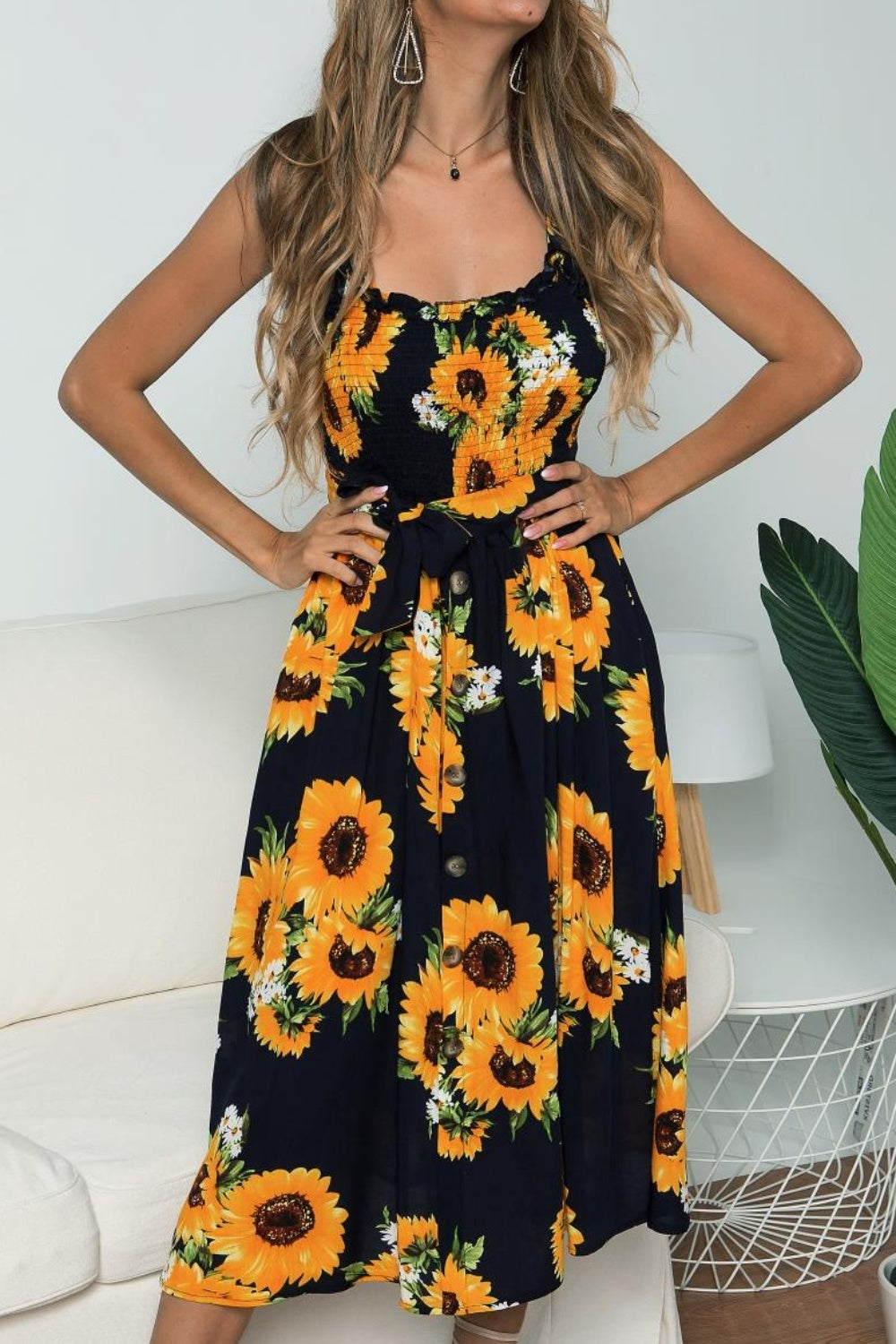 Smocked Sunflower Printed Sleeveless Cami Dress-Angel Casuals