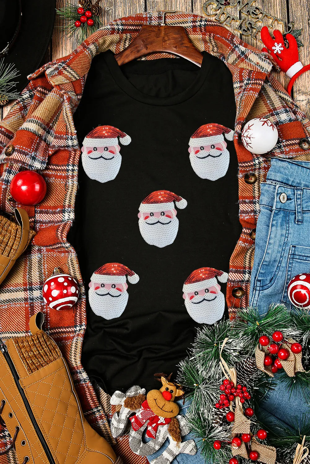 Sequin Santa Round Neck Short Sleeve T-Shirt-Angel Casuals