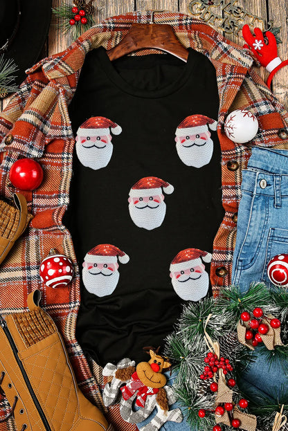 Sequin Santa Round Neck Short Sleeve T-Shirt-Angel Casuals
