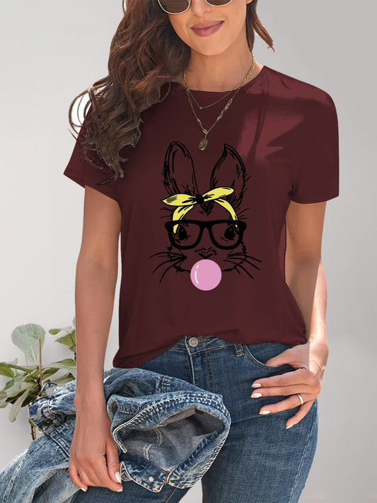 Rabbit Graphic Round Neck Short Sleeve T-Shirt-Angel Casuals