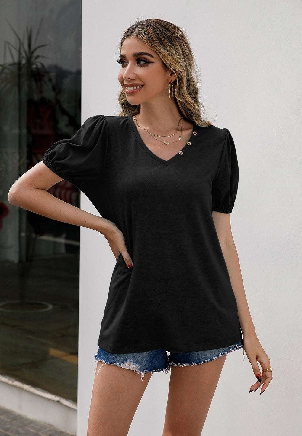 V-Neck Decorative Buttons Puff Sleeve Tee-Angel Casuals