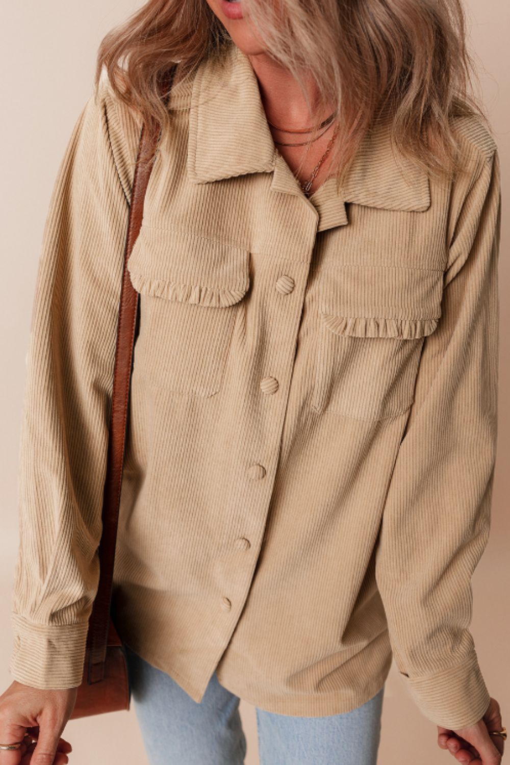 Frill Button Up Long Sleeve Shacket-Angel Casuals