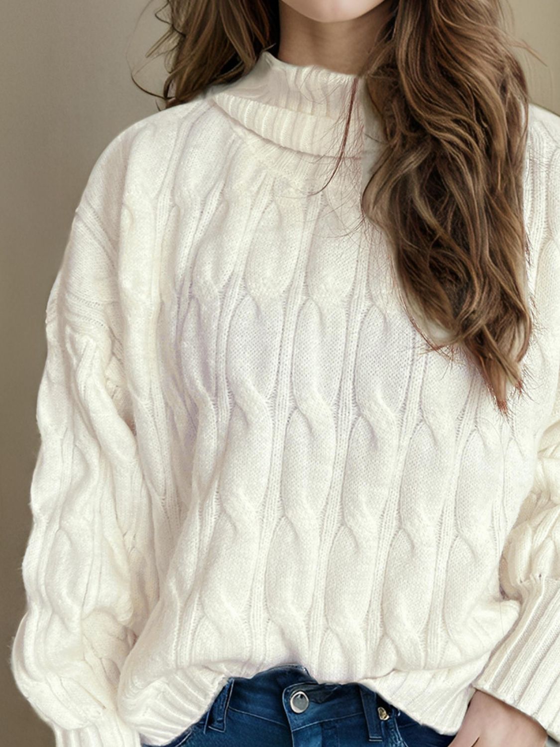 Cable-Knit Turtleneck Long Sleeve Sweater-Angel Casuals