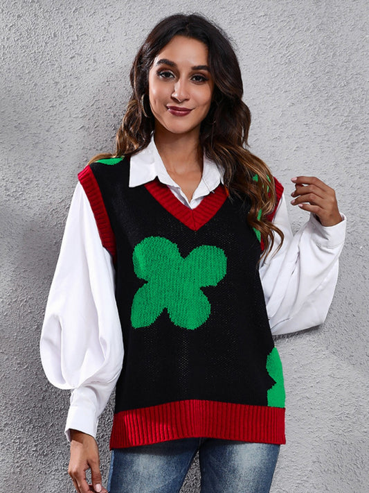 Four Leaf Clover V-Neck Sweater Vest-Angel Casuals