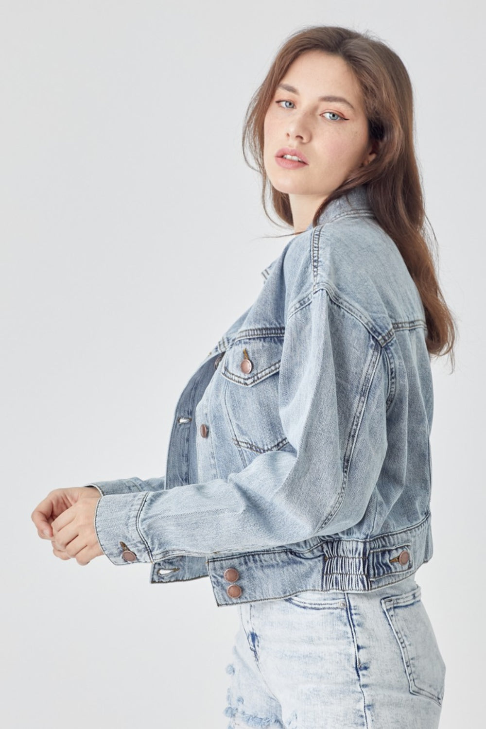 RISEN Full Size Button Down Cropped Denim Jacket-Angel Casuals