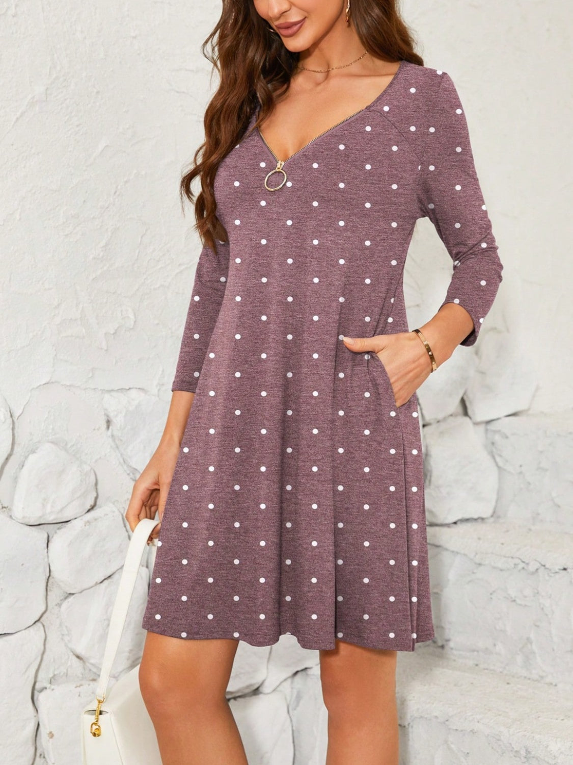 Polka Dot Quarter Zip Long Sleeve Dress-Angel Casuals