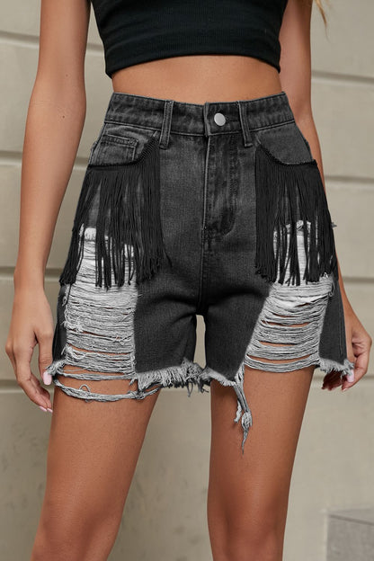 Fringe Trim Distressed Denim Shorts with Pockets-Angel Casuals