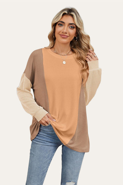 Double Take Texture Contrast Round Neck Long Sleeve T-Shirt-Angel Casuals