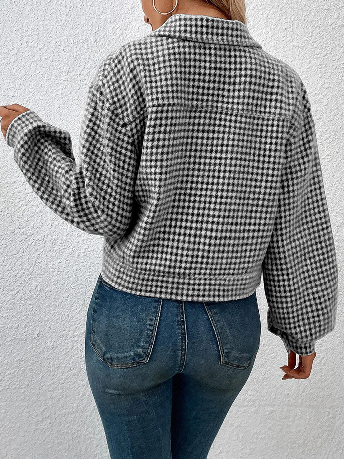 Houndstooth Collared Neck Button Up Jacket-Angel Casuals