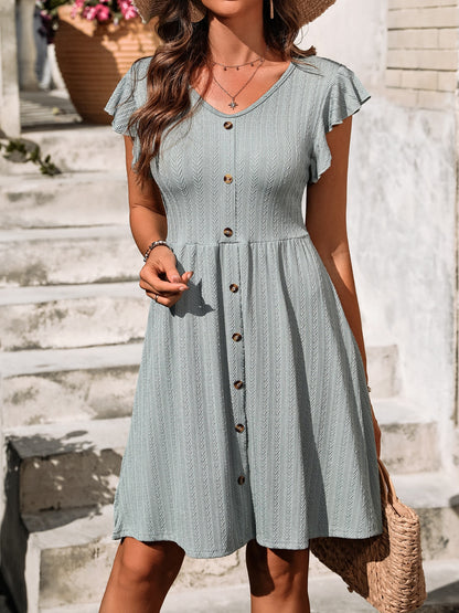 Decorative Button Ruffled V-Neck Dress-Angel Casuals