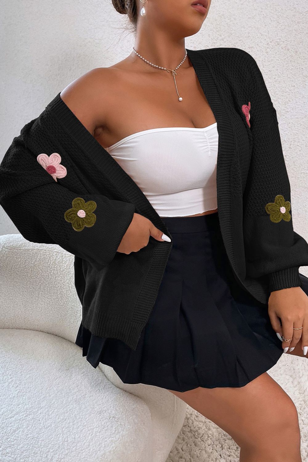Floral Applique Drop Shoulder Open Front Cardigan-Angel Casuals