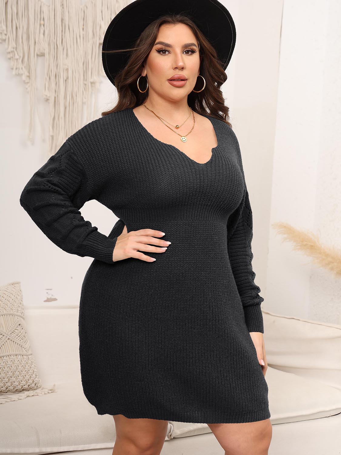 Plus Size Dropped Shoulder Long Sleeve Knit Mini Dress-Angel Casuals