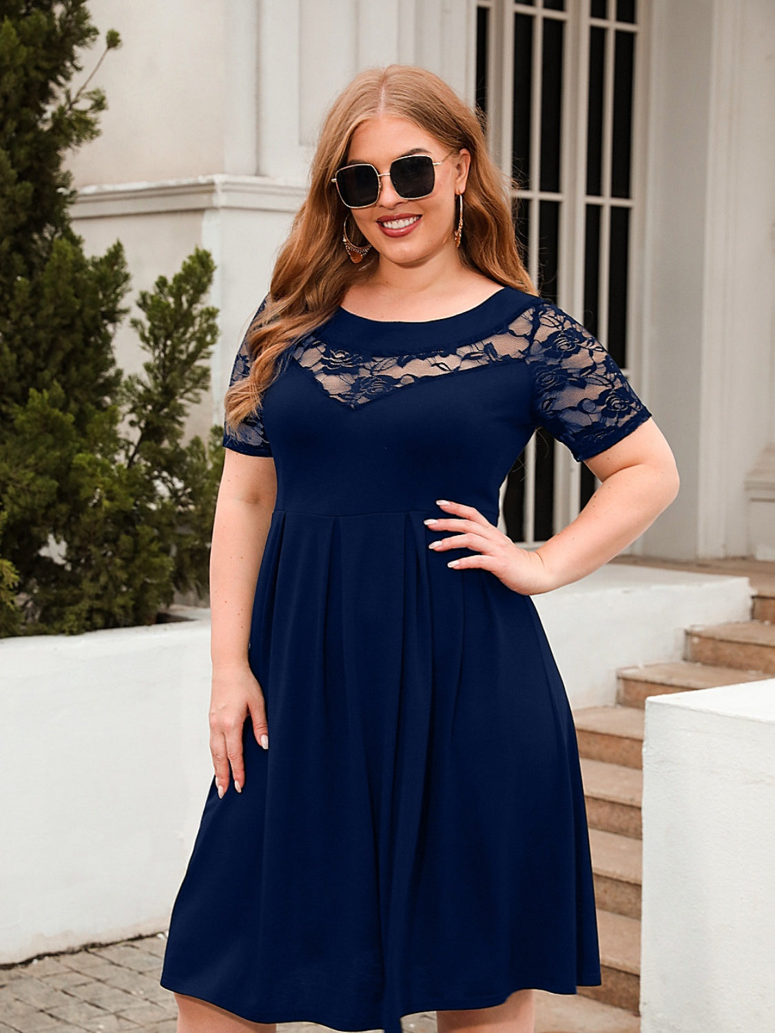 Plus Size Ruched Round Neck Short Sleeve Dress-Angel Casuals