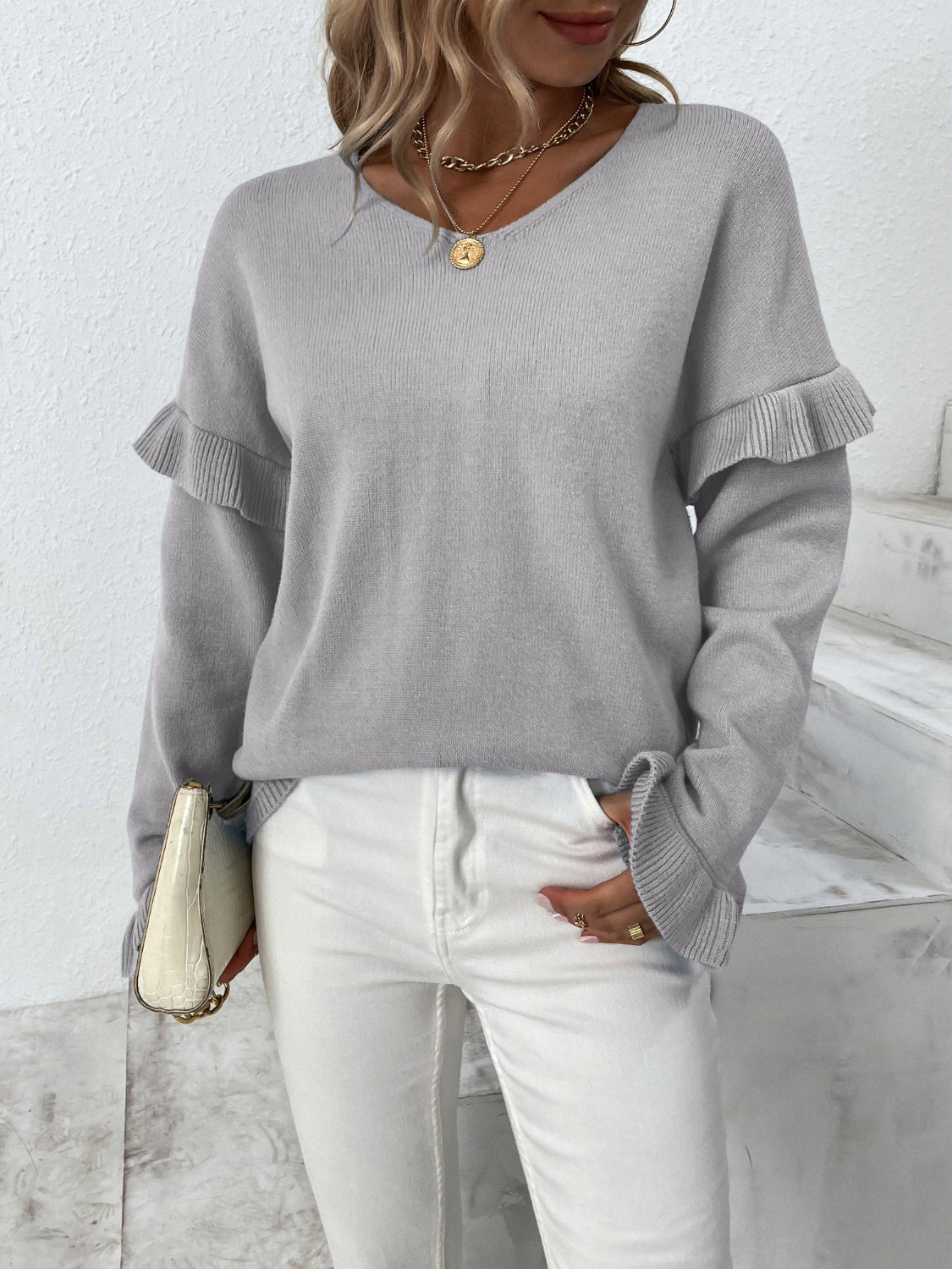 Ruffled V-Neck Dropped Shoulder Sweater-Angel Casuals