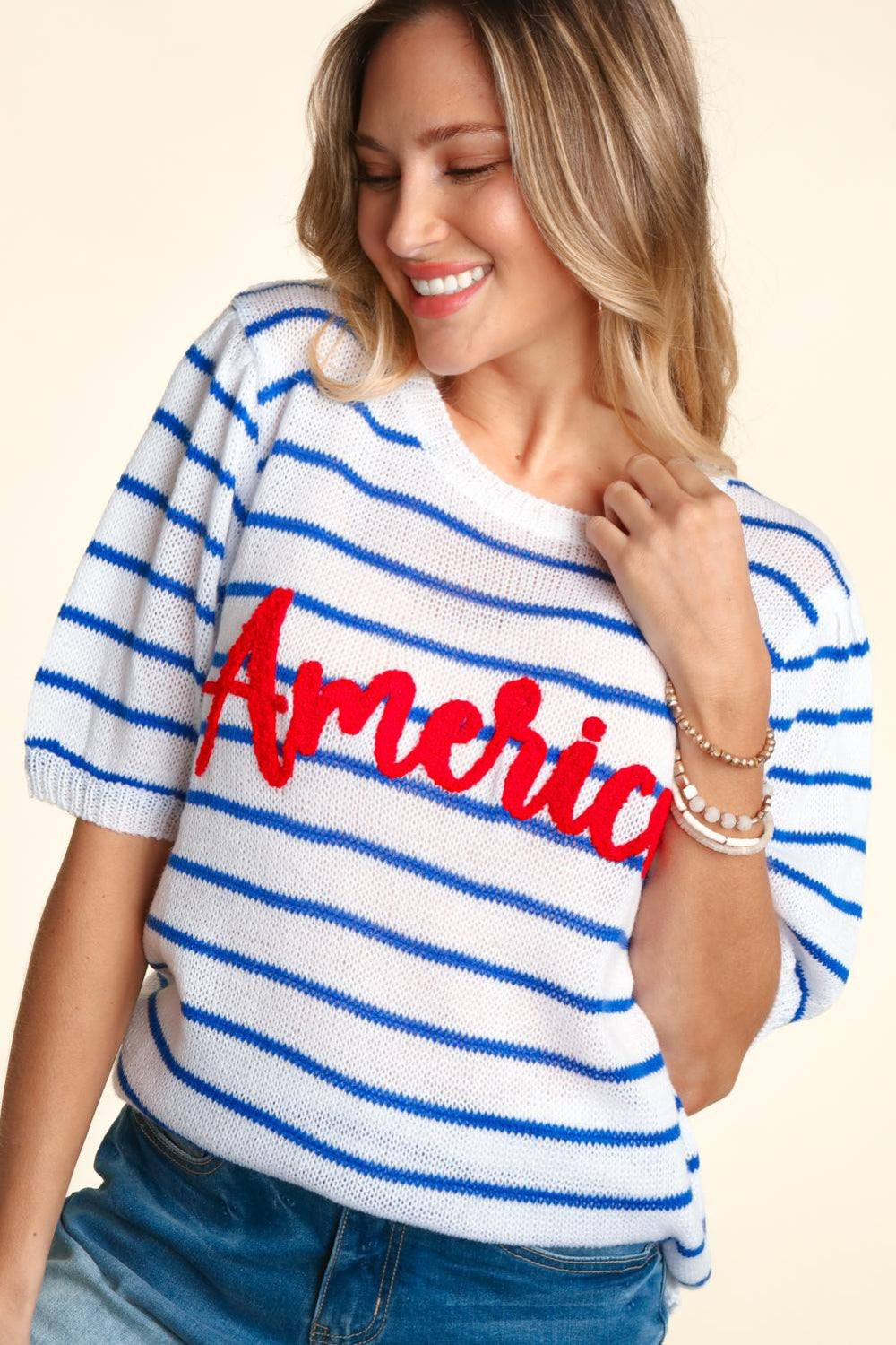 Haptics Letter Embroidery Striped Knit Top-Angel Casuals