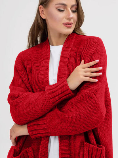 Pocketed Open Front Long Sleeve Longline Cardigan-Angel Casuals