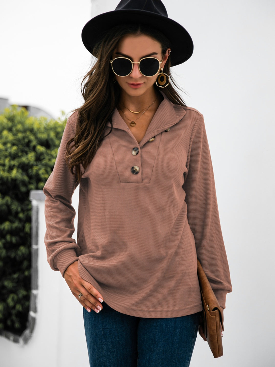 Half Button Long Sleeve T-Shirt-Angel Casuals