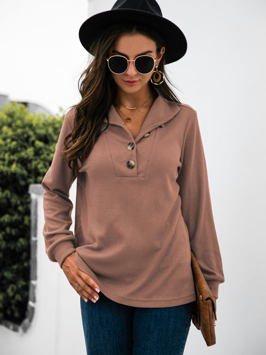 Half Button Long Sleeve T-Shirt-Angel Casuals