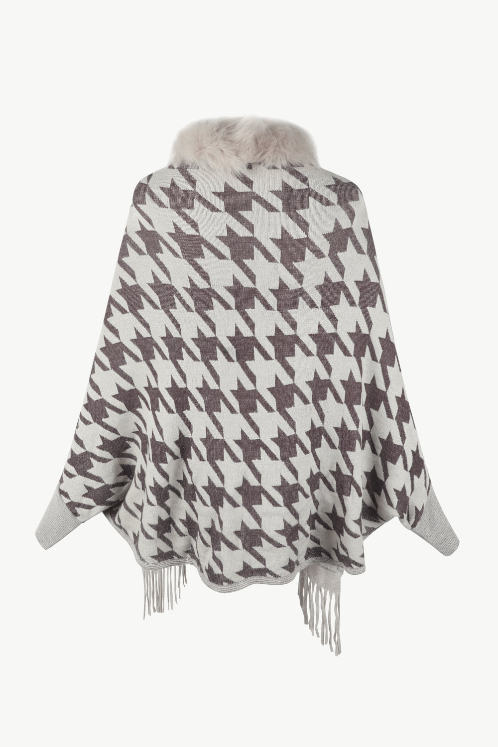 Houndstooth Fringe Hem Poncho-Angel Casuals