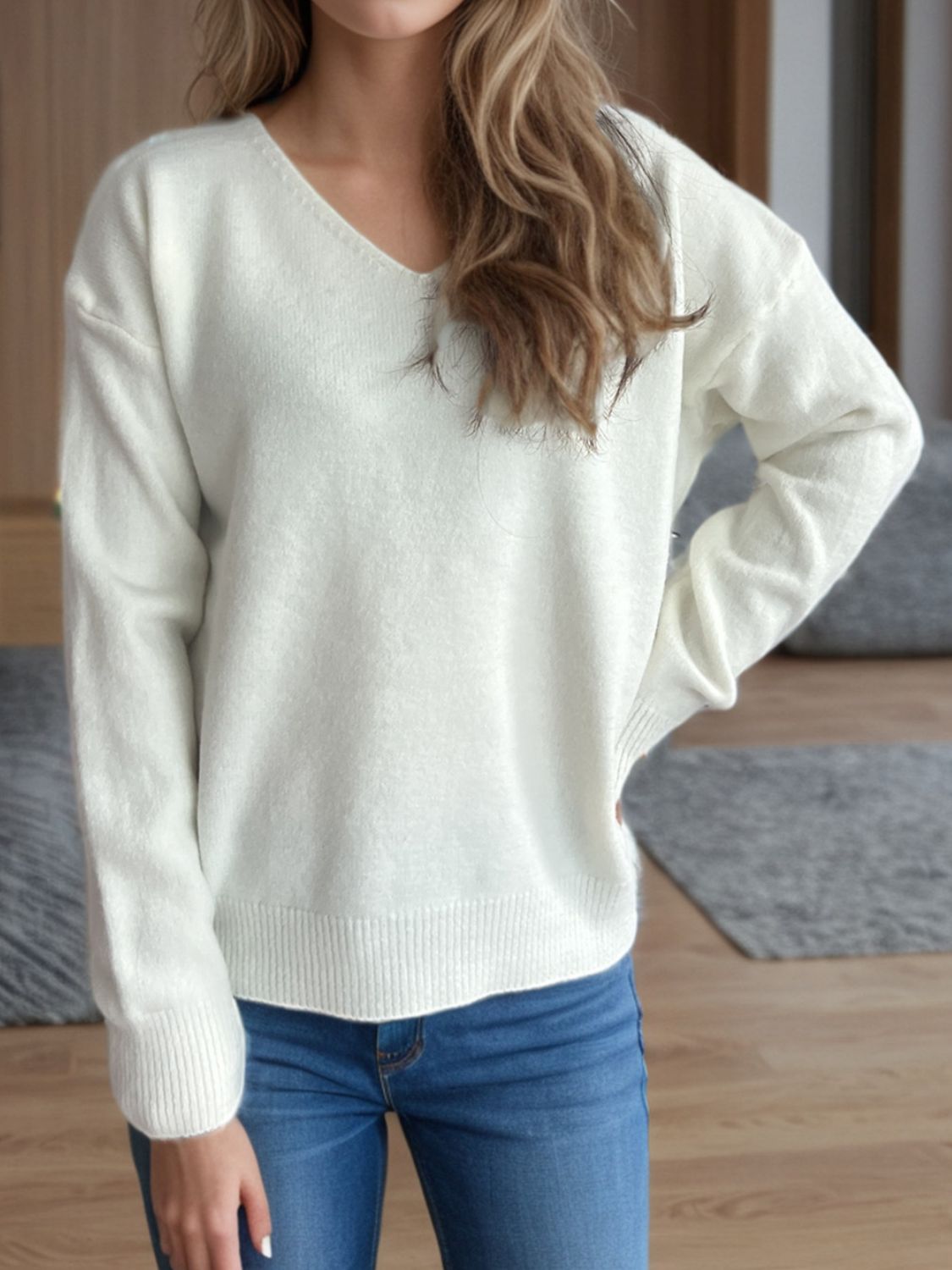 V-Neck Dropped Shoulder Long Sleeve Sweater-Angel Casuals