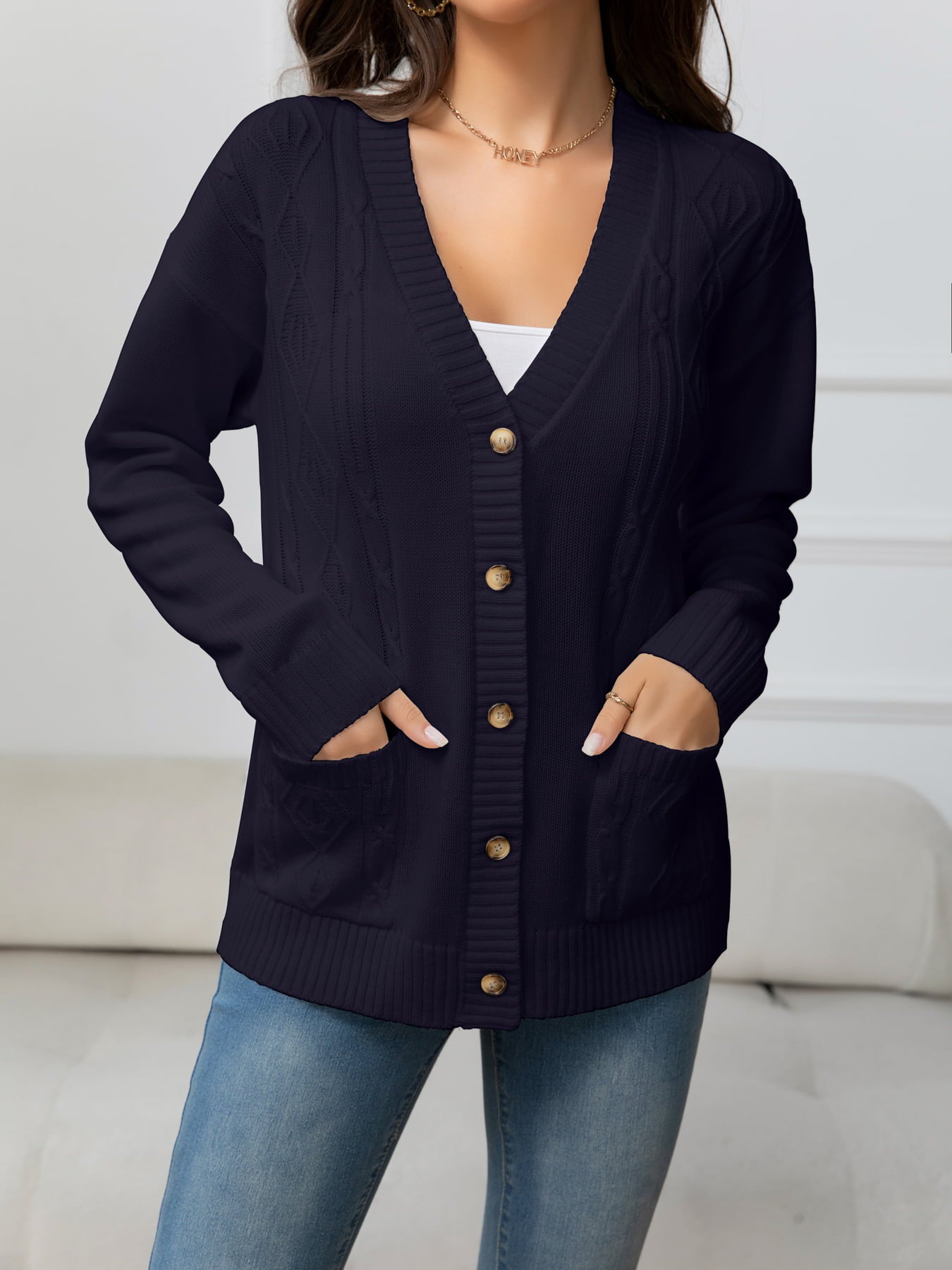 V-Neck Long Sleeve Buttoned Knit Top with Pocket-Angel Casuals