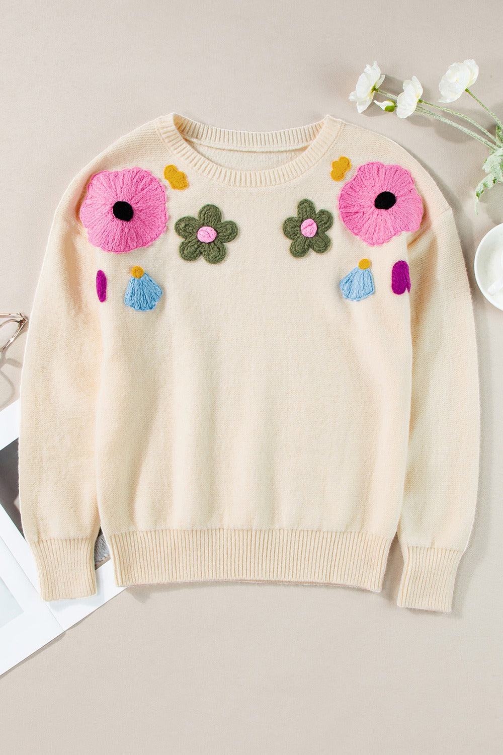 Crochet Flower Round Neck Dropped Shoulder Sweater-Angel Casuals