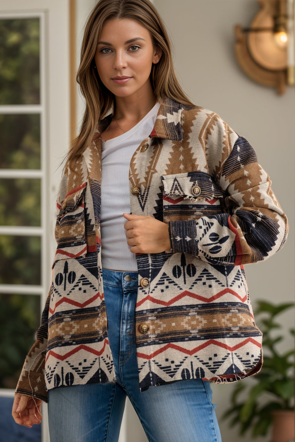 Geometric Button Up Long Sleeve Jacket-Angel Casuals