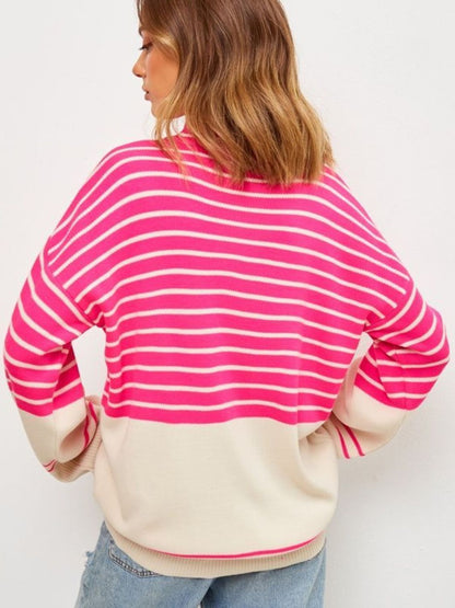 Striped Mock Neck Long Sleeve Sweater-Angel Casuals